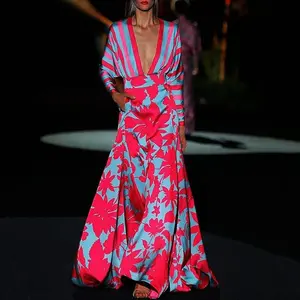 New Print V-neck Long-sleeve Temperament Long Dress