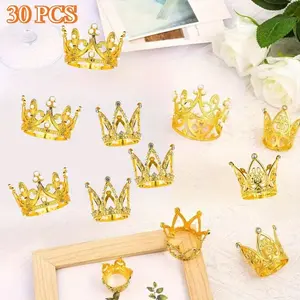 30pcs Crowns for Flower Bouquets Golden Crown Cake Topper Mini Crown for Flower Accessories Flower Crown Birthday Crowns Cupcake Toppers for Girl Lady Bridal Wedding Party Cake Decor, 3 Style