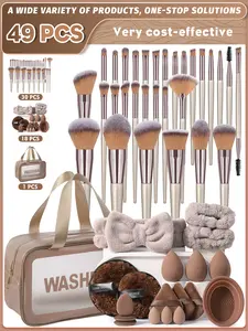 49PCS All-in-One Beauty Essential:30 Ultra-Soft Fiber Makeup Brushes + Waterproof Large-Capacity Toiletry Bag + 3-Piece Waterproof Travel Organizer Set + Practical Detachable Cleaning Bowl + 14PCS Triangular & Oval Velvet Powder Puffs.Travel & Gift-Giving