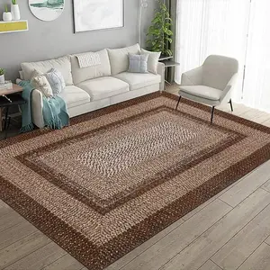 Living Room Rug Large Braided Print Washable Rugs, Non Slip & Non-Shedding Farmhouse Accent Rug, Rustic Bohemian Border Floor Carpet for Dining Room Bedroom Home Decor