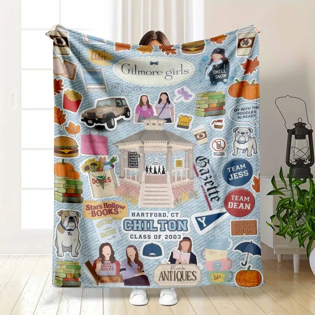 Gilmore Girls Flannel Printed Blanket, Stars Hollow Print, Cozy Soft Warm Lightweight Reversible Throw for Bedroom, Sofa, Home Decor Gift
