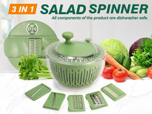 PUKOMC Salad Spinner Large with 5 Blade Slicer and Egg Yolk Strainer for Efficient Salad Preparation and Food Washing, 4.25Qt Fruit Kitchen Utensils Green