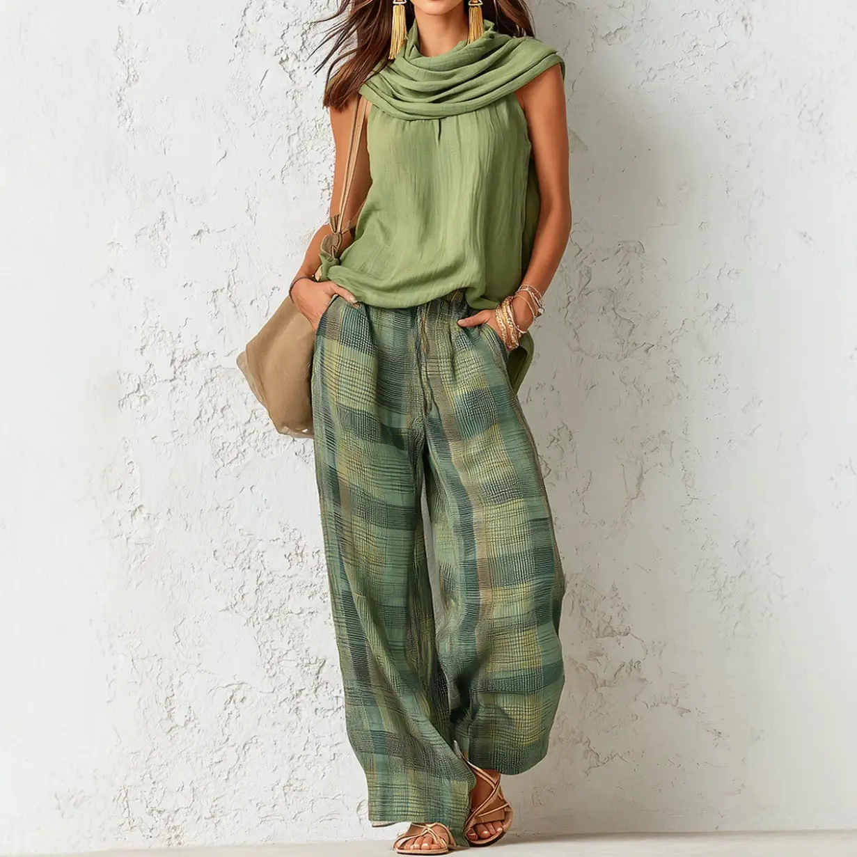 Women Vintage Draped Cowl Neck Sleeveless Tank Top & Plaid Wide Leg Pants 2 Piece Set, Casual Loose Vacation Matching Outfit