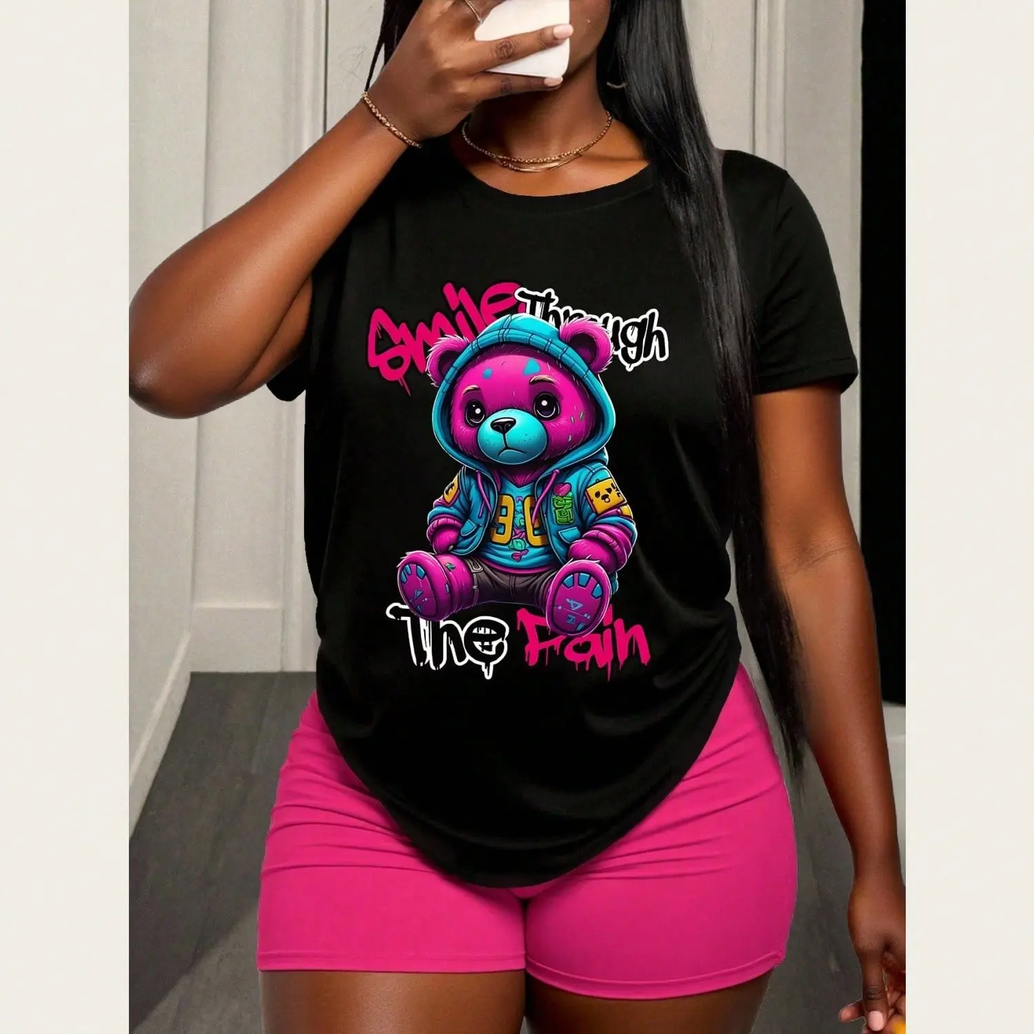 Women's Basic Ribbed Shortsleeve T-Shirt - Unisex Slim-Fit Crewneck, Bam Gleam Teddy Bear Print, Colorful Drip Art Graphic, Loose Solid Loungewear Fabric Casual Piece Top