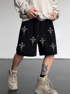 Men's Cross Stitch Embroidered Pocket Casual Versatile Shorts, Fashionable Men's Clothing, Tropical Style Jorts, Comfortable Summer Wear, Chic Casual Shorts