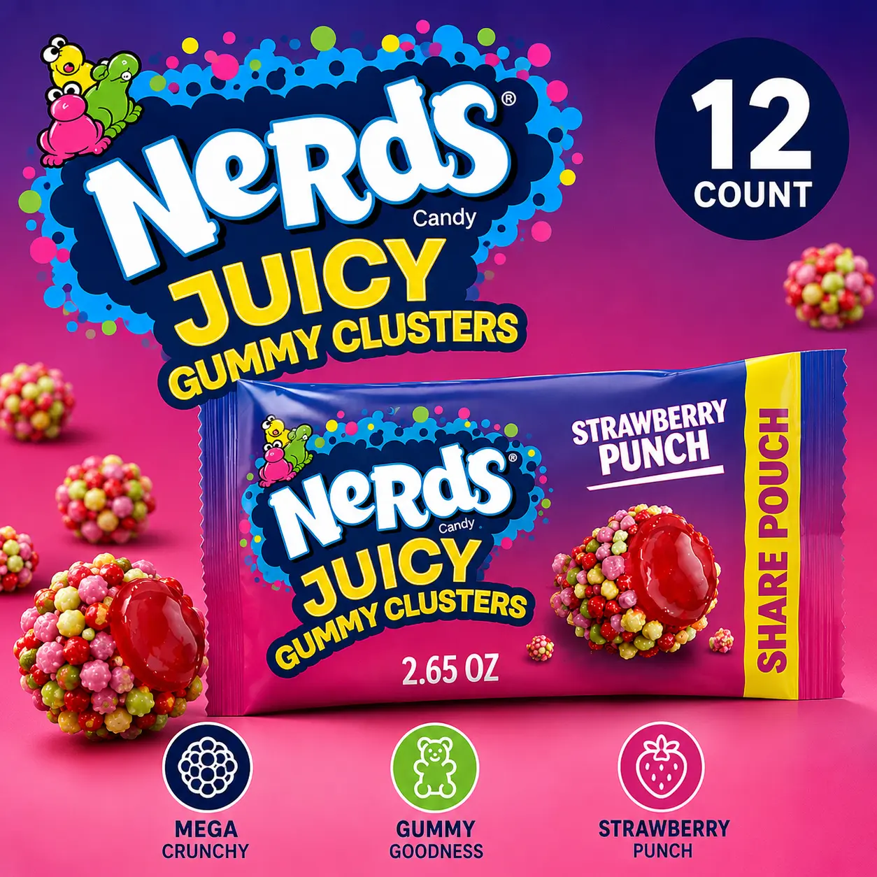 Nerds Juiced Gummy Clusters Share Size 2.65 oz 12 Count Fruity Crunchy Chewy Candy