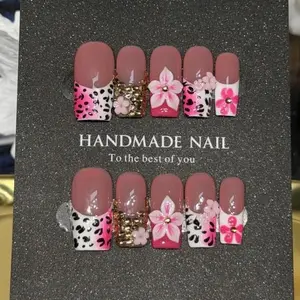 Hailey's square camp style cow print floral flower luxury acrylic handmade press on nails A16