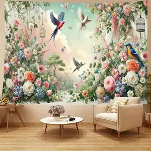 1pc Extra Large Floral Tapestry - Pastel Garden Backdrop with Roses, Hanging Birds - Large Wall Hanging for Living Room, Bedroom, Wedding, Party Decor - Easy Hang Installation - Durable Decoration, Floral Decor, Bedroom Decoration, Gardenthemed Tapestry,