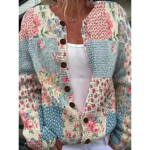 Women’s Floral Print Cardigan, Women’s Wear, Breathable, Elegant Vintage Pattern, Round Neck, Open Front, Easy Care, Autumn/Winter Fashion