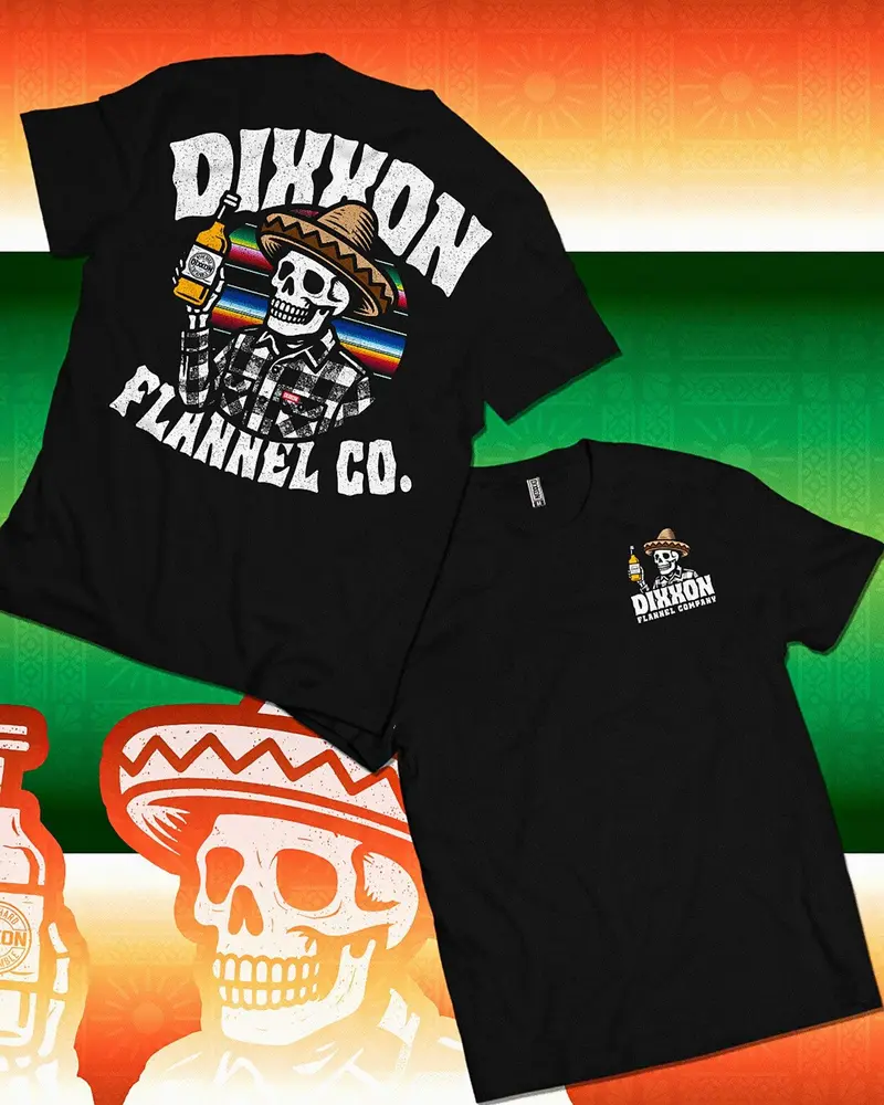 Dixxon Flannel Co. Mexican Inspired Skull Tee Sombrero Wearing Beer Holding Skull Retro Plaid Cool Bold Black Cultural Fusion Wear Menswear Shirt Top Classic 100% Cotton Unisex