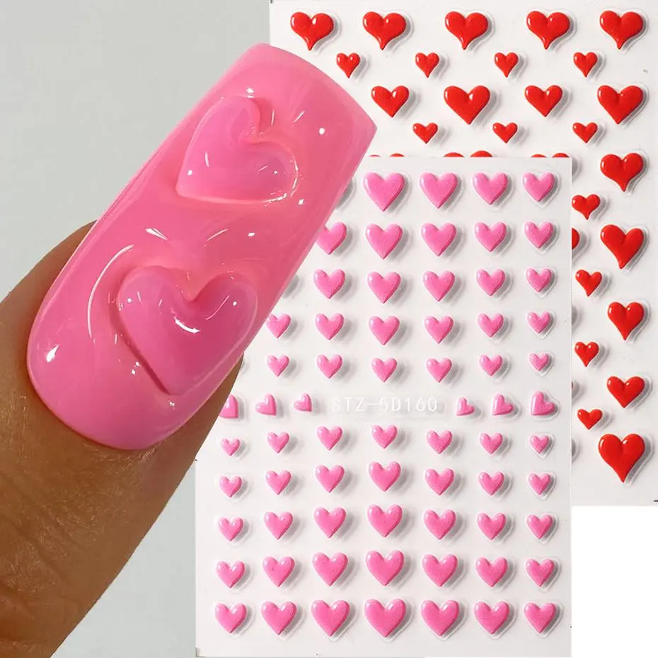 2pcs 5D Embossed Pink Red Love Hearts Nail Art Stickers Cute & Simple Design for Valentine's Day Nail Decals DIY Manicure Decor