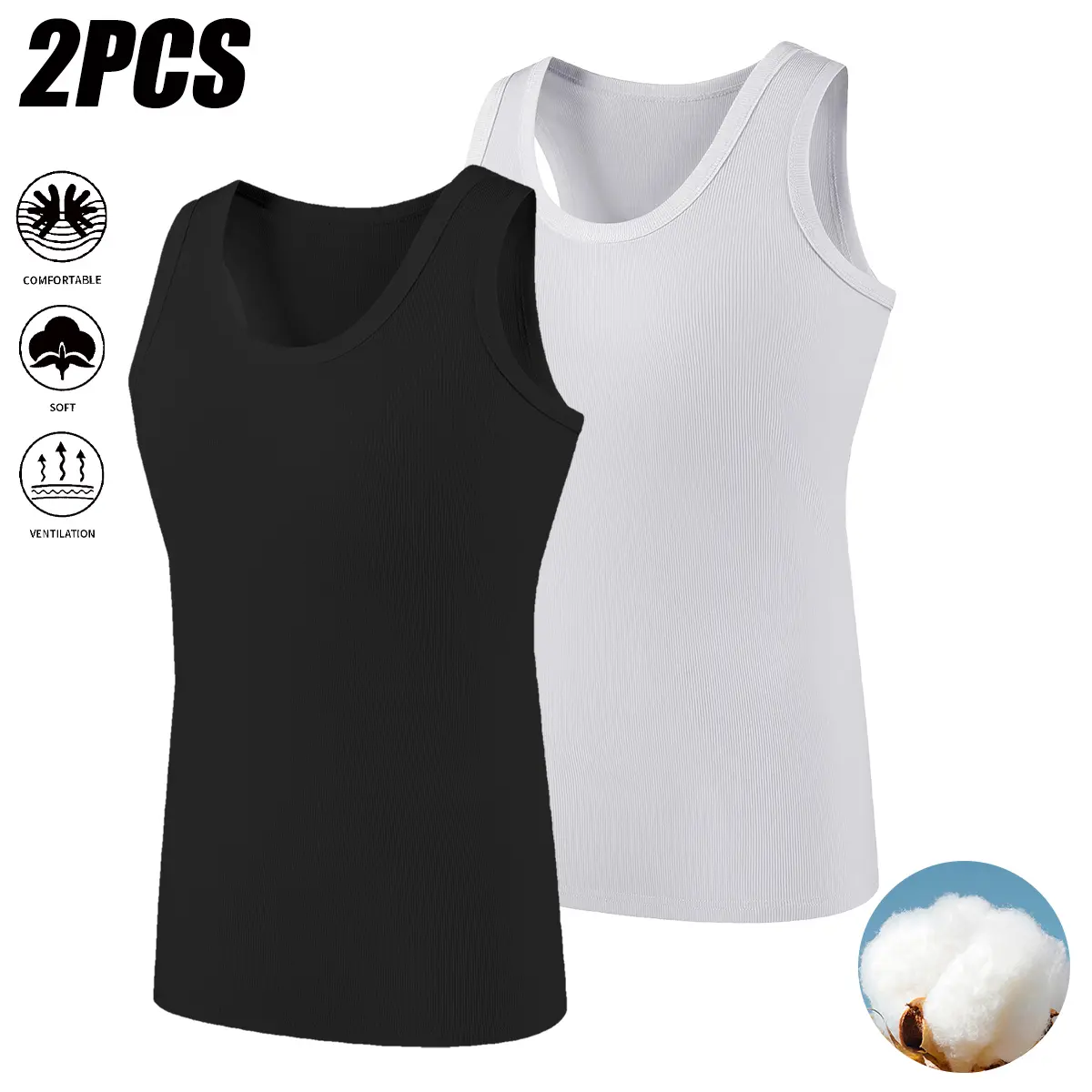 Men's 2-Pack Stretch Ribbed Cotton Tank Top, Breathable Moisture Wicking Athletic Undershirt for Gym Workout & Running, Slim Fit Form-Fitting Base Layer, Smooth Invisible Daily Casual Vest for Suits