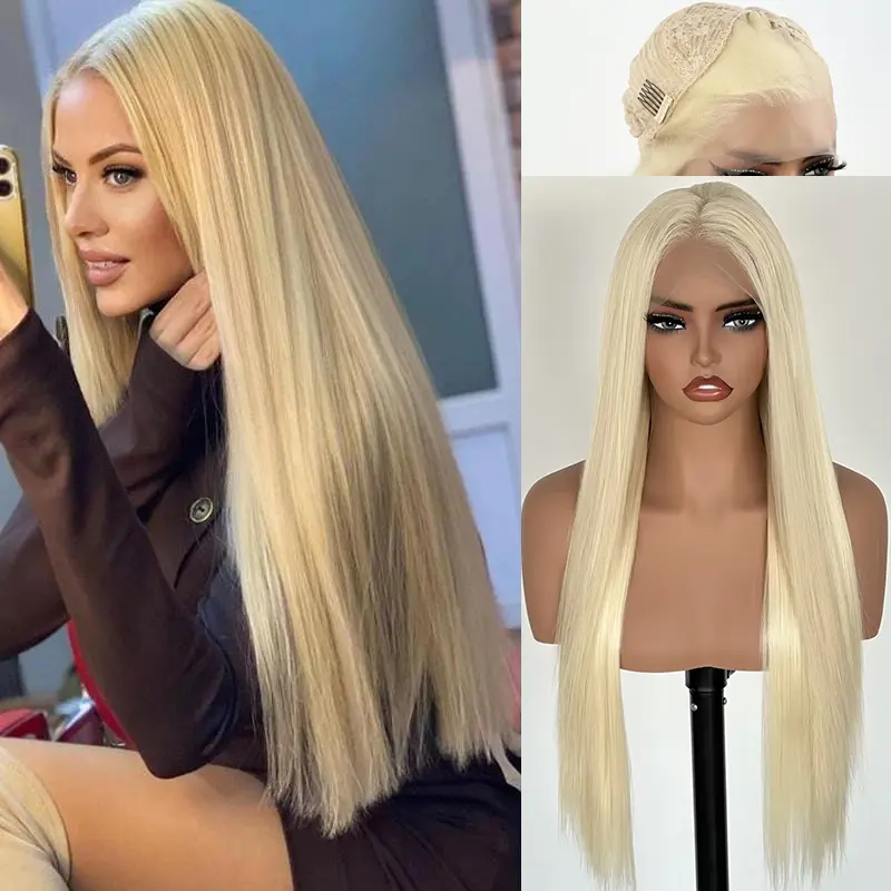 Platinum Blonde Straight Lace Front Wig 13x4 Hand Tied, Pre Plucked Natural Hairline Synthetic Lace Front Wigs for Women, Heat Resistant Fiber Wig Daily Wear