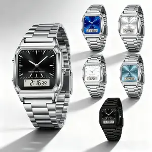 Stainless Steel Digital Sports Watch With Led Dual Display Unisex Water Resistant Quartz Wristwatch