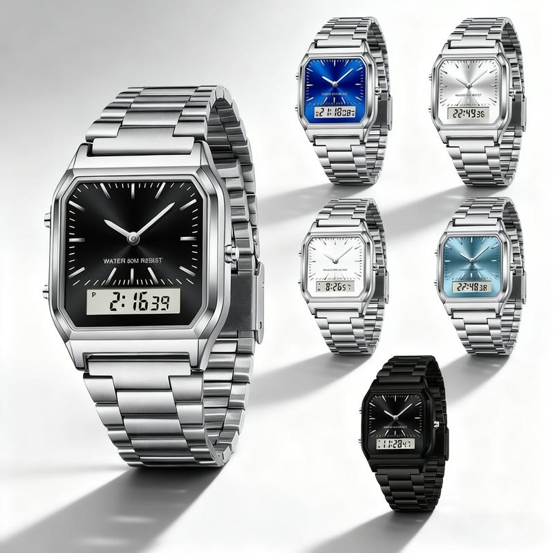 Stainless Steel Digital Sports Watch With Led Dual Display Unisex Water Resistant Quartz Wristwatch