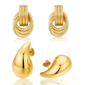 Gift Gold-plated copper irregular circle and gold teardrop earring set - asymmetrical hoops and minimalist studs - durable and elegant - sold as a set