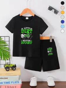Boys Summer Casual Cartoon Print Short Sleeve Tee & Loose Shorts Set, Fitted Design, Comfortable Fit, Perfect for Daily Wear