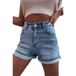 Blue Rhinestone Embellished Denim Shorts Fit Womenswear