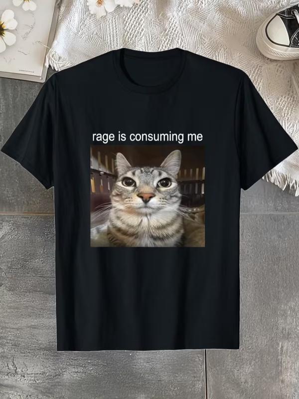 Men's Humorous Text "Rage Is Consuming Me" Silly Staring Cat Meme T-Shirt, Casual Wear Round Neck Short-Sleeve Menswear Top