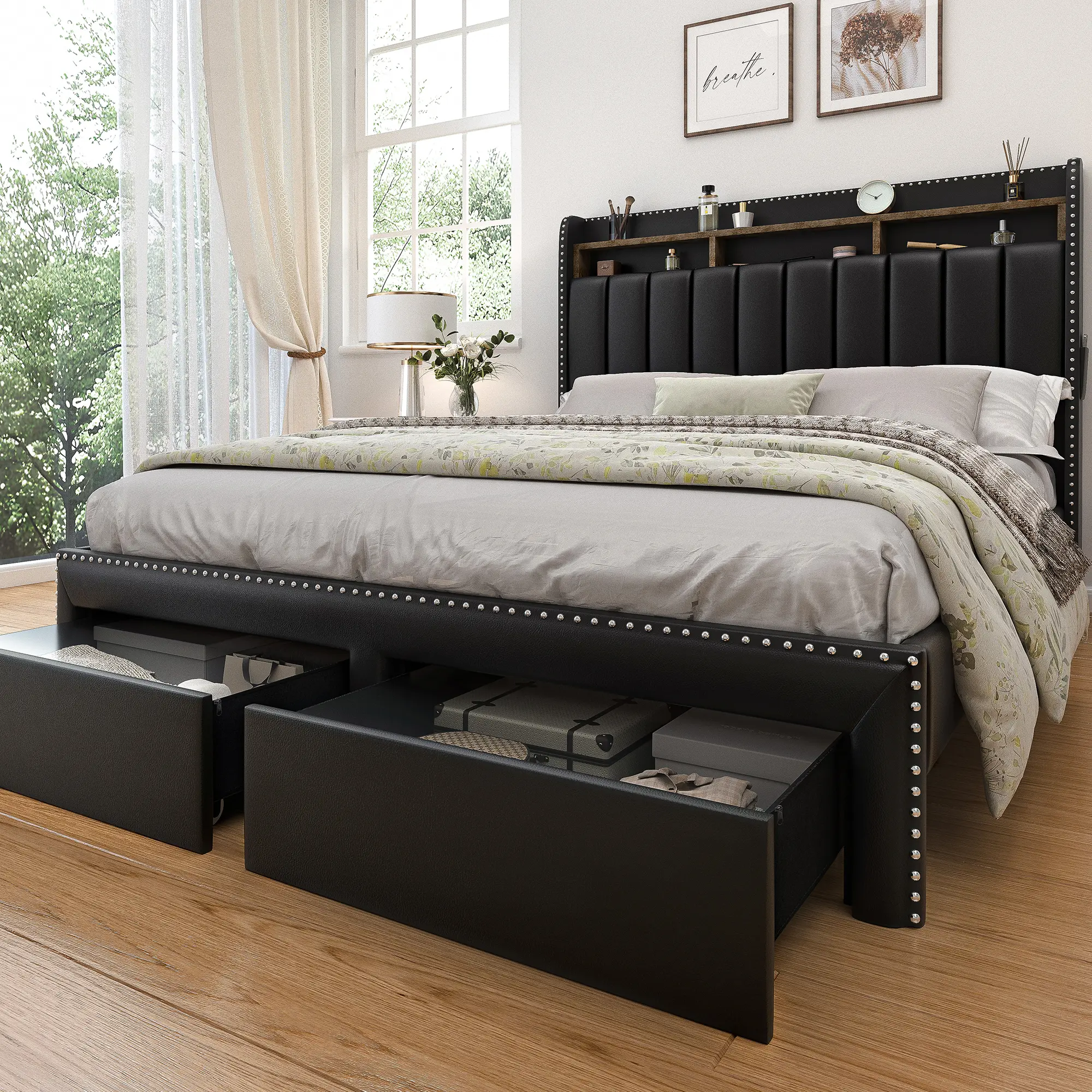 [Deals for You Days] SIBEDS Luxury LED Bed Frame with Storage Drawers, No Mattress, Modern Upholstered Platform Bed with Wingback Headboard & Rivet Detail, Twin/Full/Queen/King – Cozy Bedroom Furniture-RoomDecor