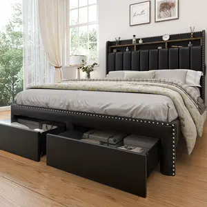 SIBEDS Luxury LED Bed Frame with Storage Drawers, No Mattress, Modern Upholstered Platform Bed with Wingback Headboard & Rivet Detail, Twin/Full/Queen/King – Cozy Bedroom Furniture-RoomDecor