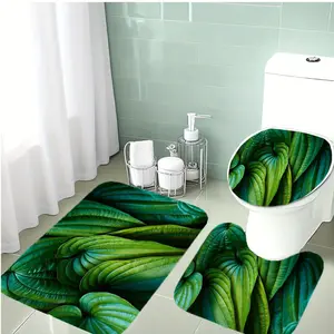 3-Piece Bathroom Mat Set with Leaf Pattern, Soft Flannel Material, Non-Slip Toilet Cover Pad & U-Shaped Mat, Holiday Decoration