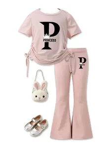Summer Girls' Set P Letter + Princess Crown Drawstring Design, Cute Cartoon Print Short Sleeve T-Shirt & Flared Pants Two-Piece