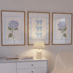 Watercolor Hydrangea Print Set of 3 Watercolor Blue Bow Art Print Wall Art Coquette Art Print Coastal Dorm Decor