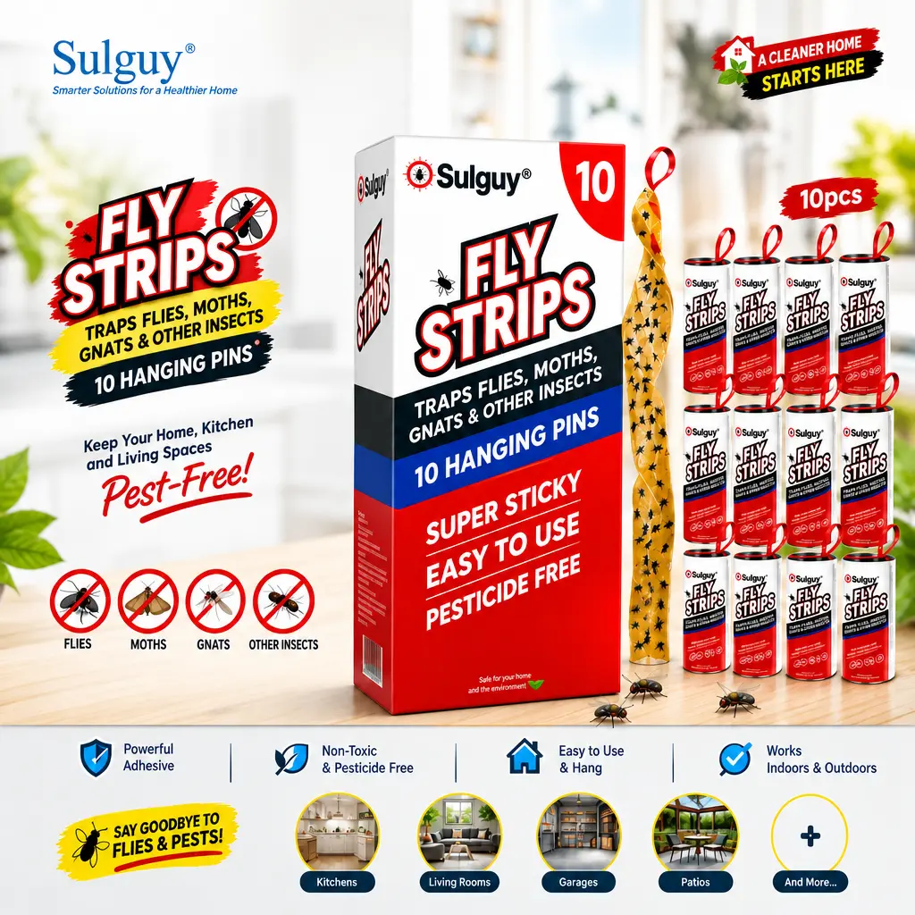 Sulguy Super Sticky Fly Strips 10 Pack, Non-Toxic Fly Traps Indoor & Outdoor - Fruit Fly Catcher, Gnat Killer for Home, Mosquito & Moth Sticky Ribbon Paper, Pet Safe Flying Insect Pest Control