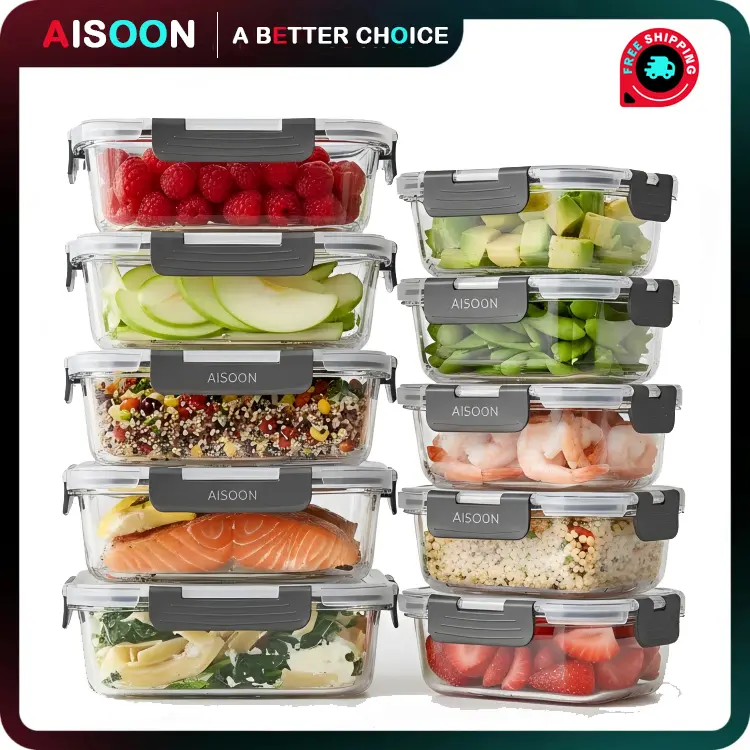 AISOON 10-Pack Borosilicate Glass Kitchen Fridge Storage Container Set (5x13oz, 5x36oz) - Airtight Leak Proof Lids, Lead-Free, Microwavable, Freezer & Oven Safe, Stackable Lunch Container