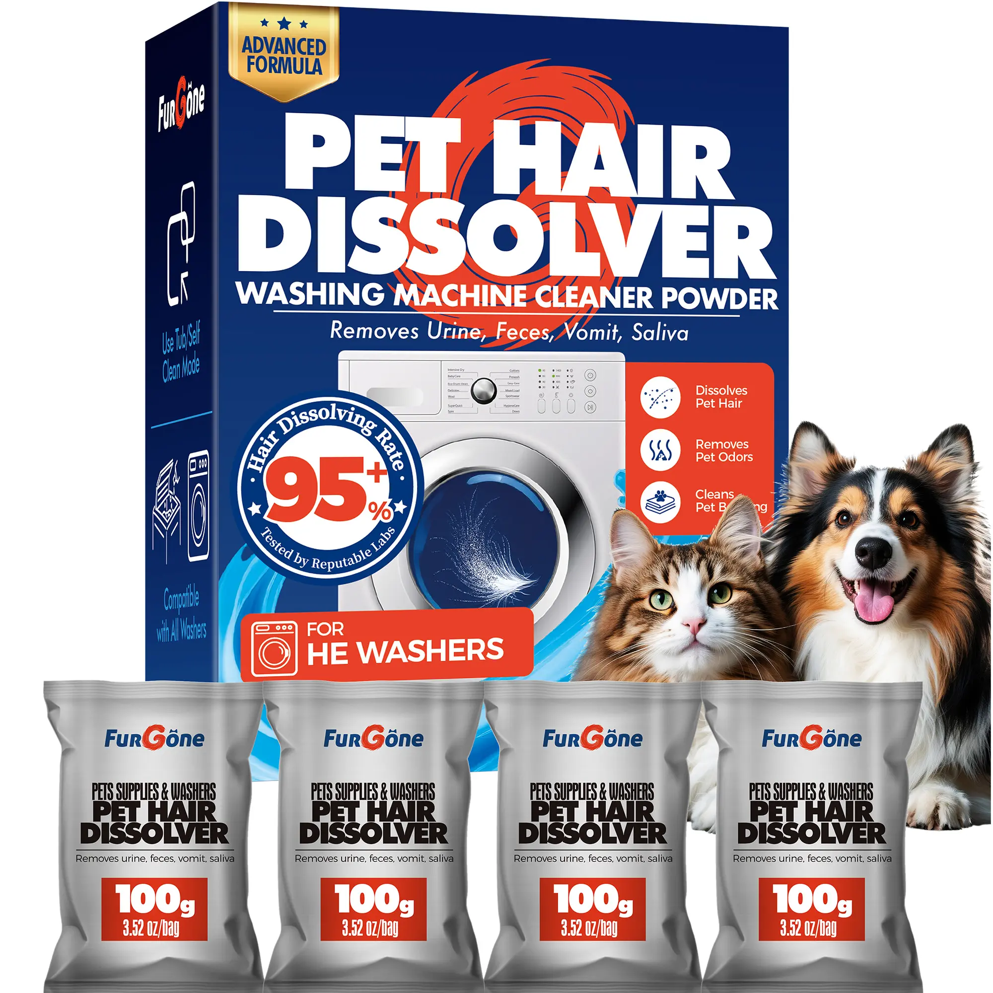FURGONE Upgraded Washing Machine Cleaner for Pet Hair & Odor, 4 Sachets | 95%+ Hair Dissolver Powder for Pet Bedding, Activated by Tub Clean Mode to Remove Fur Residue & Washer Odors, 100g