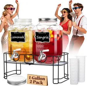 1 Gallon Glass Drink Dispensers for Parties, 2 Pack Leakproof Beverage Dispenser with Stand & 18/10 Stainless Steel Spigot & Filter -for Lemonade, Juice, Sun Tea, Punch- ALL DISHWASHER SAFE