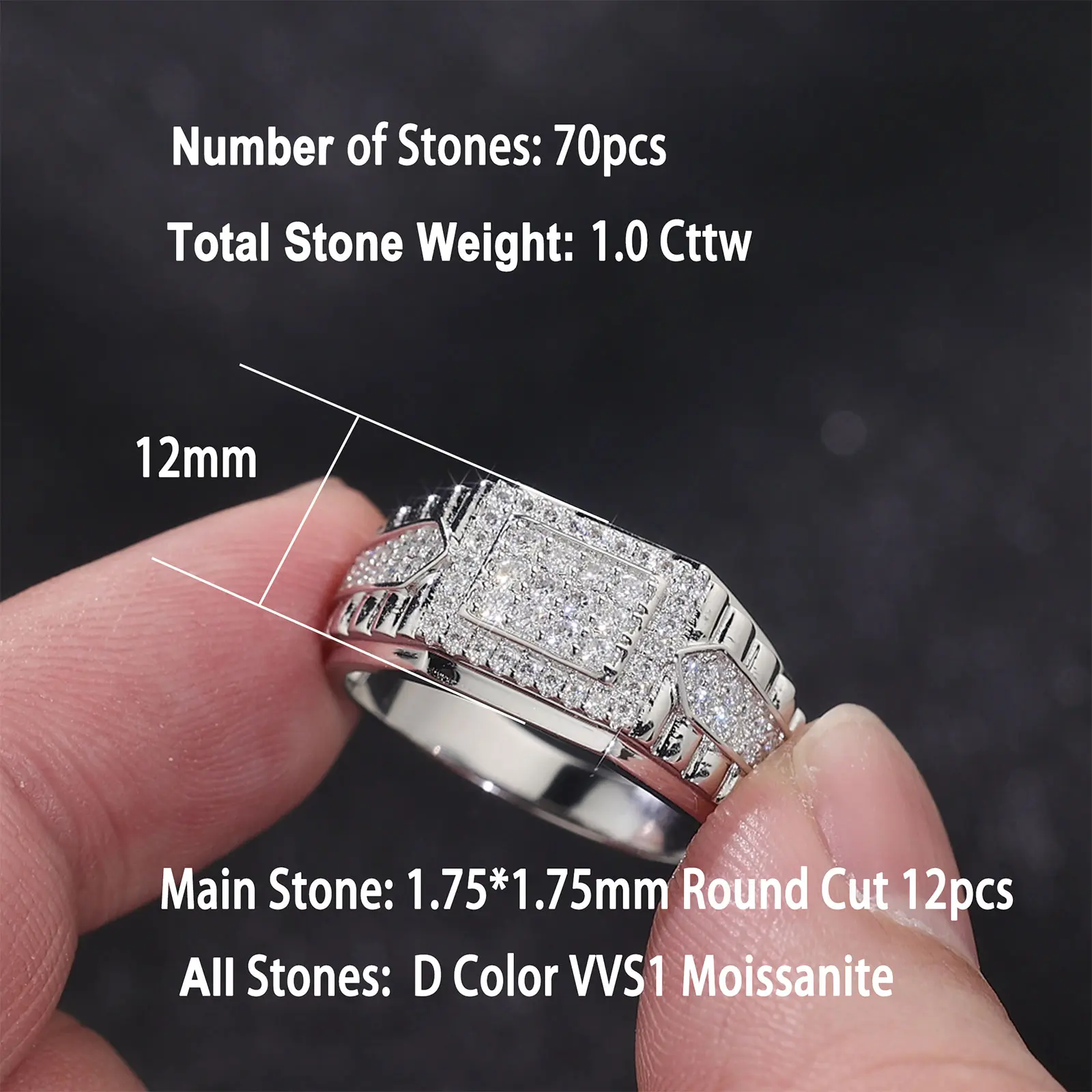 Newshe Certified D Color VVS1 Moissanite Ring - 1 Pc White Gold Plated Men's Wedding Band, Fashion Jewelry for Graduation Gifts, Christmas Gifts, Anniversary, Birthday, 1 Pc Ring, Elegant Everyday Ring, Exquisite Trendy Ring