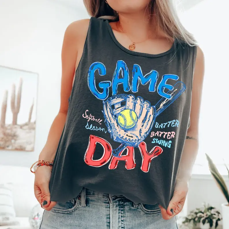 Comfort Colors Game Day Softball Tank Top, Softball Mom Shirt, Softball Mama Shirt, Batter Batter Shirt, Trendy Sports Graphic Tank