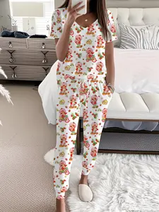 Strawberry Heart Cartoon Print Casual Pajama Set, Short Sleeve V Neck Top and Tie Pants, Loose-Fitting Home Wear Sleepwear
