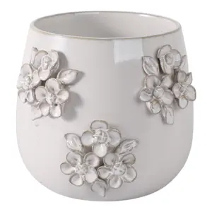 Sagebrook Home 21797-01 6 in. Flower Bunches Applique Planter, Ivory, Home Decor Pots, Modern Plant Pot, Ceramic Urn Planters, Round Planter