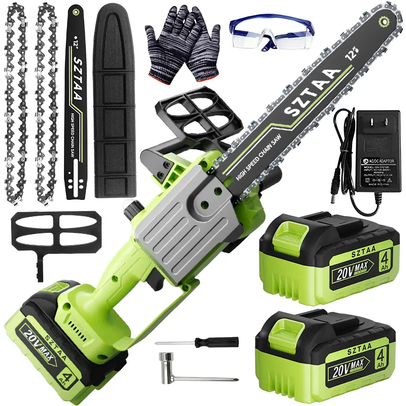 SZTAA 20V Max 4Ah Cordless 12 Inch Electric Chainsaw with 2 Extra Batteries, 2 Chains, Replacement Bar, Safety Goggles Gloves, Full Accessories Kit for Tree Pruning Firewood Cutting Yard Garden