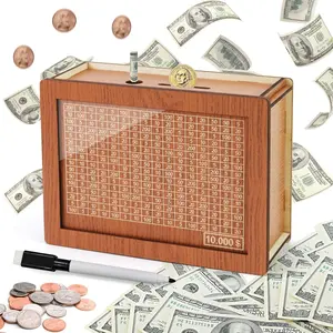 Wooden Cash Saving Box, Piggy Bank For Kids & Adults, 10000 Savings Challege Box with Counting Target, Birthday Xmas Gifts for Adults, Kids