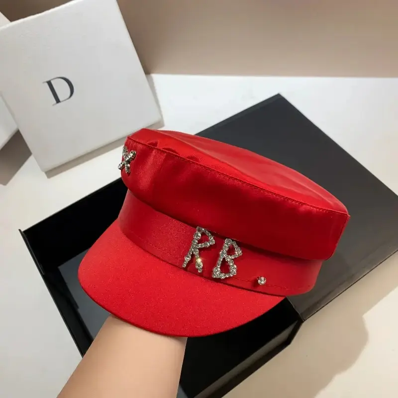 Women's Version Fashion Rhinestone Short Brim Duckbill Hat Spring New Silk Satin Glossy Flat Top Newsboy Hat