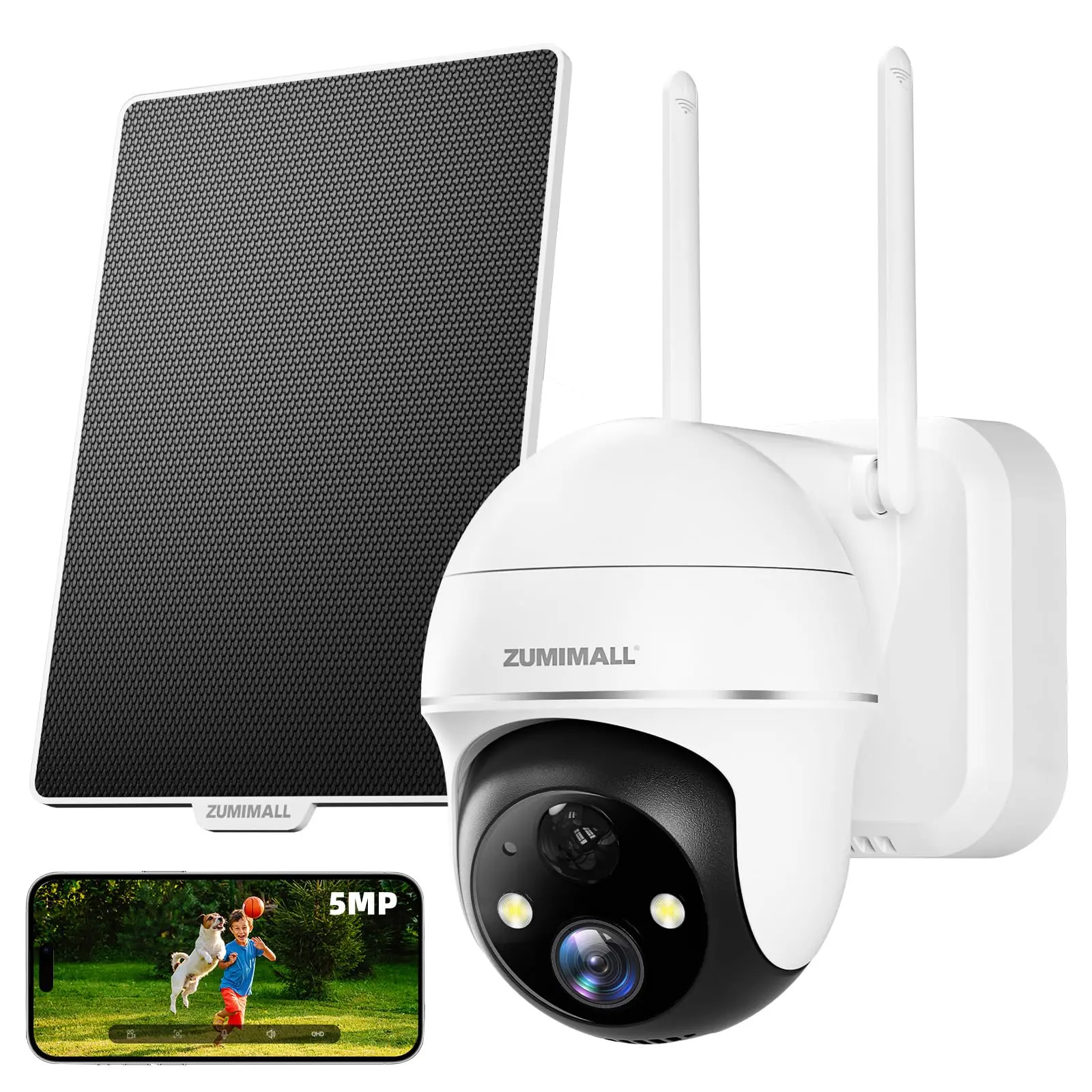 ZUMIMALL 5MP Security Cameras Wireless Outdoor, Solar Security Camera Outdoor with 360° PTZ, Battery Powered Camera for Home Security Outside, Color Night Vision/2.4G WiFi/2-Way Talk/IP66/AI Detection