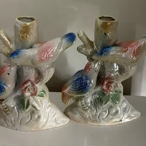 Vintage Lusterware Bird Vase with Colorful Birds and Floral Design for Home Decor