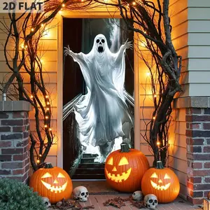 1 Count 2D FLAT Halloween Ghost Banner, Halloween Festive Decorations Door Cover, Scary Ghost Escaping Stairs Spooky Banner Bathroom Porch Door Backdrop Decor for Parties, Outdoor Haunted House Themed Decoration, Front Door Porch Yard Sign