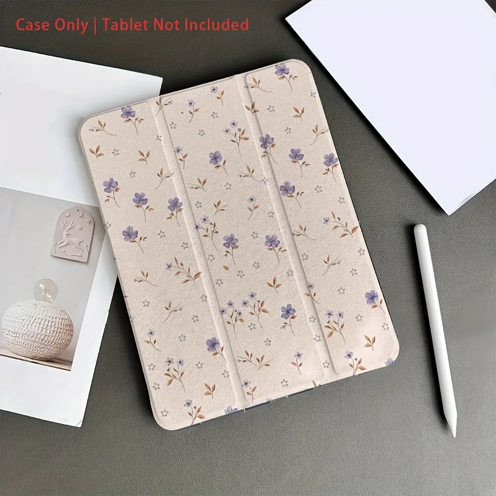 Light apricot and violet floral pattern, adjustable stand and pen holder, foldable non-slip TPU protective case, suitable for Samsung, iPad mini, iPad Air, iPad Pro/iPad 10th and 11th generation iPads.