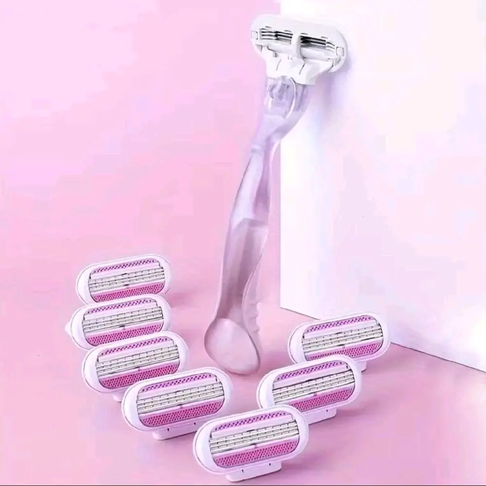 Women's manual shaver with 3 blades that conform to human mechanics, easy to remove hair without harming the skin. 1 handle+8 blade heads are durable and meet your 2-year use needs, bringing you a brand new shaving experience