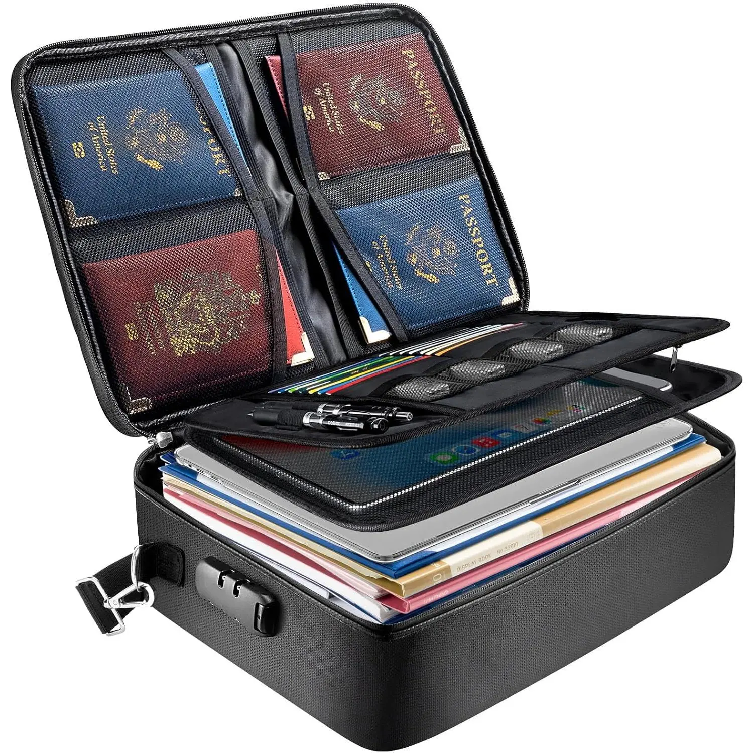 Portable Fireproof Document Box with Lock, Waterproof Fire Proof File Box, File Organizer Box for Important Documents Paperwork, Black, 15''x11''x4''