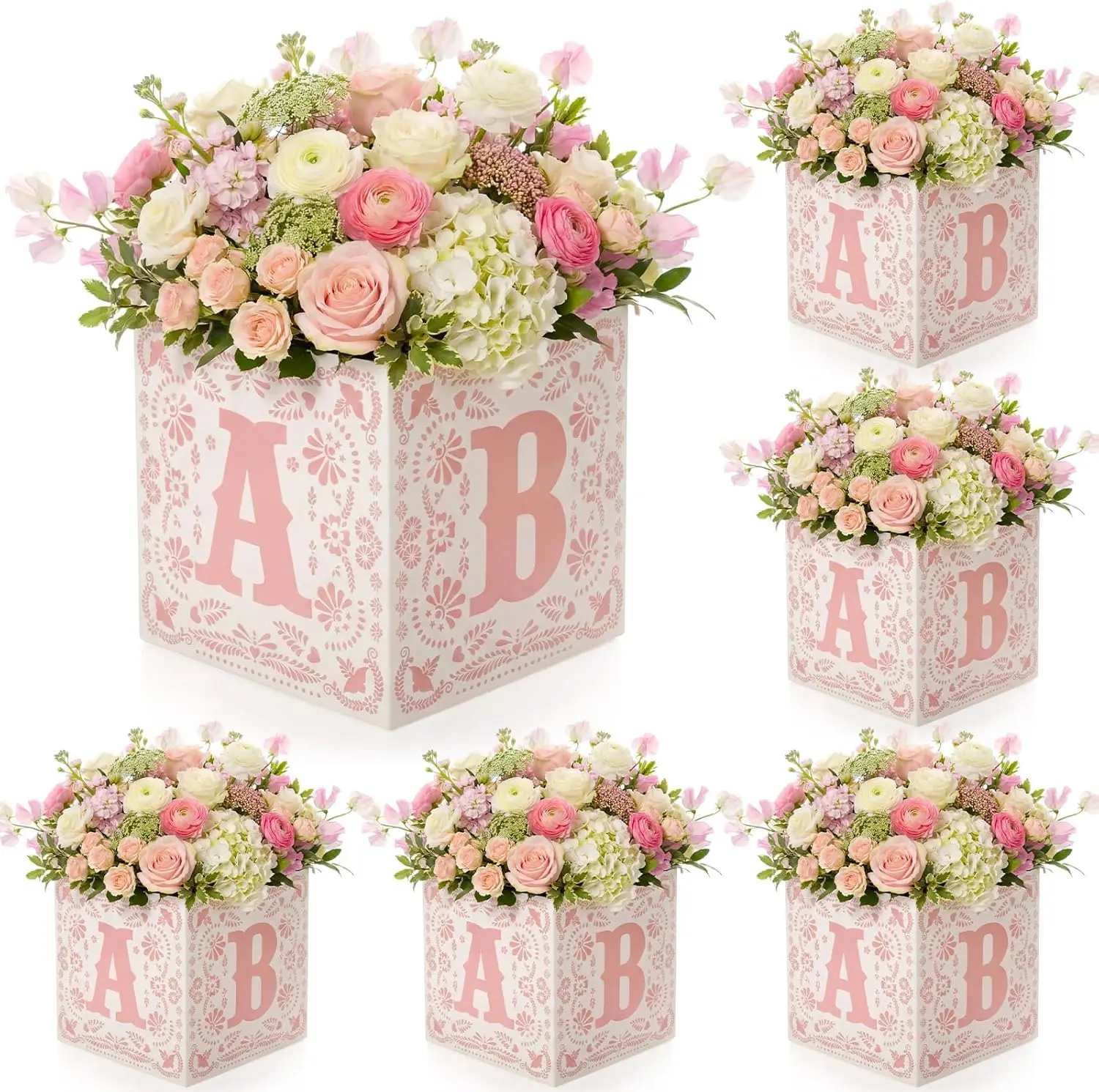 6 Pcs Cielito Lindo Baby Shower Box 7X7X7 Inch Pink Flower Box Centerpiece with Letters Mexican Baby Shower Centerpiece Party Block Holder for Gender Reveal Party Favors Table Decor FunooFuno