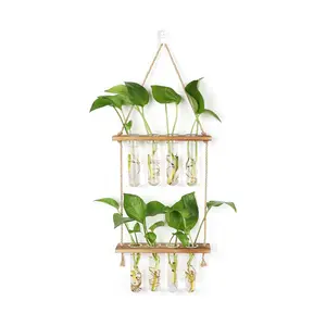 Wall Decor Hanging Planter Terrarium 2 Tired Test Tube Vase Glass Planter Plant Propagation Station Plant Hangers of Rope with Wooden Stand and 8 Tubes for Hydroponic Plant Cutting,Officedecor