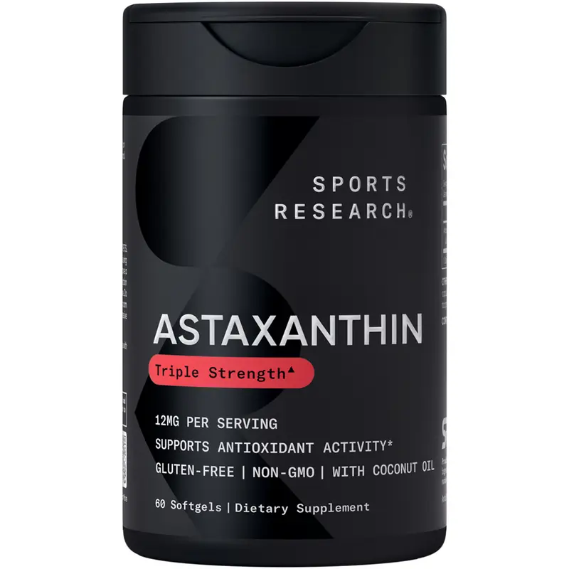 Sports Research Triple Strength Astaxanthin Supplement from Algae - Made with Coconut Oil, Non-GMO Verified & Gluten Free - 12mg - 60 Softgels