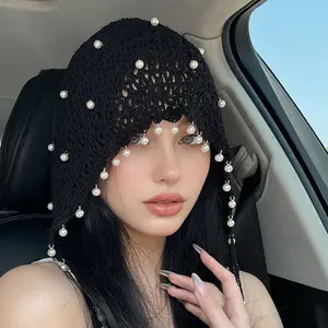 Handmade Beaded Tassel Hollowed-Out Crocheted Pastoral Style Pearl Hat Cotton Yarn Unique Fisherman Hat Fashion for Casual Wear