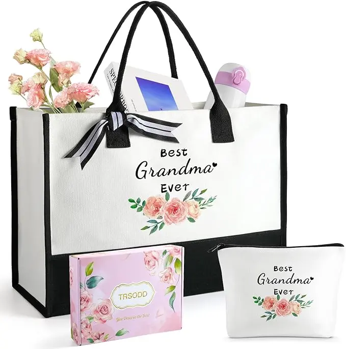 Gifts for Grandma, Grandma Gifts, Monogram Tote Bag for Women, Grandma Birthday Gifts, 60th Birthday Gifts for Women, Personalized Gifts Grandma Bag with Makeup Bag & Inner Pocket, Gift Box and Card